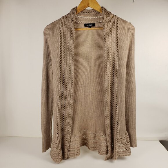 ELEMENTZ Sz PS Cardigan Sweater Tan Taupe Khaki Open Knit Weave Women Petite - Picture 12 of 16